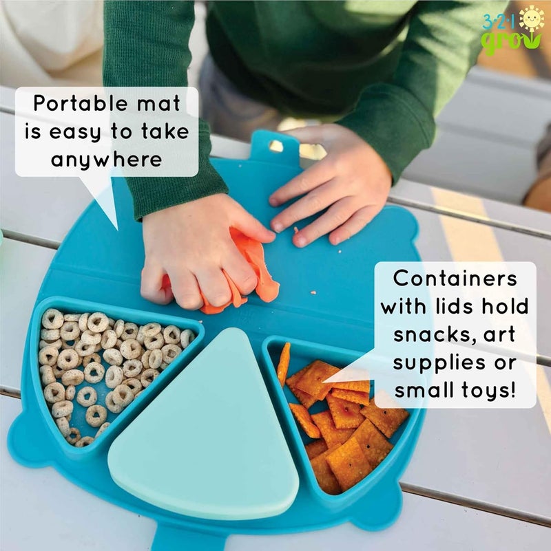 321 Grow Silicone On-The-Go Snack Mat – Foldable Reusable Placemat with 3 Compartments and Lids – Travel-Friendly Baby and Toddler Snack Plate – Dishwasher Safe (Ocean) - Image 4